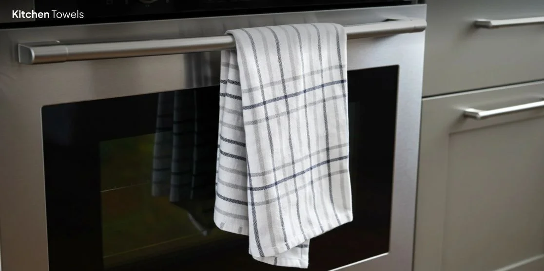 White kitchen towel with blue stripes.